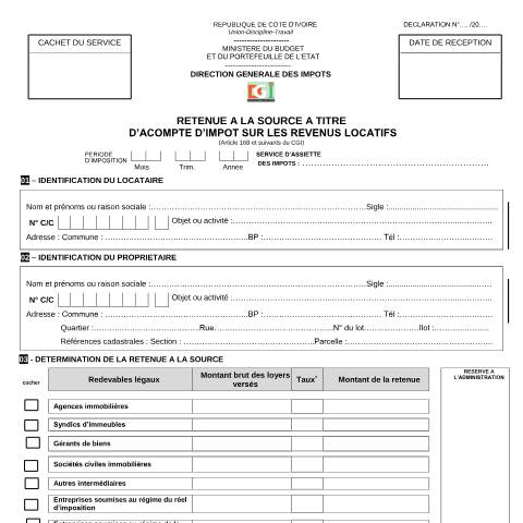 Aperçu du document 06 RETENUE A LA SOURCE A TITRE DACOMPTE SUR LES REVENUS LOCATIFS — Imprimé / Formulaire fiscal, Côte d'Ivoire