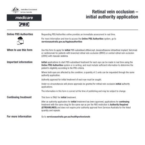 Document preview: Retinal vein occlusion - initial authority application form (PB154) — Services Australia — Health professionals, Australia (CERFA n°PB154)