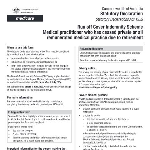 Document preview: Statutory declaration ROCS - Medical practitioner who has ceased private or all remunerated medical practice due to retirement form (MO031) — Services Australia — Health professionals, Australia (CERFA n°MO031)