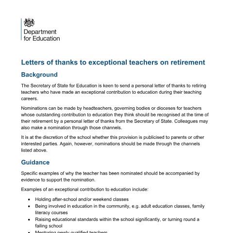 Document preview: Retiring teachers: nomination form for official letter of thanks — Department for Education, United Kingdom