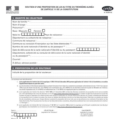 Aperçu du document Référendum d'initiative partagée (Rip) - Déclarer son soutien à une proposition de loi référendaire — Particuliers, France (CERFA n°15264*02)