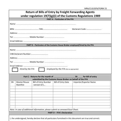 Document preview: Return by Freight Forwarding Agent (FFA) (Reg 19) — Form, Mauritius (CERFA n°MRA-CUS-GEN-FORM25)