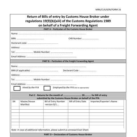Document preview: Return from Broker on behalf of Freight Forwarding Agent (FFA) (Reg 19) — Form, Mauritius (CERFA n°MRA-CUS-GEN-FORM26)