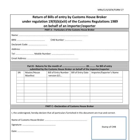 Document preview: Return from Broker on behalf of importer (Reg 19)&nbsp;Forms — Form, Mauritius (CERFA n°MRA-CUS-GEN-FORM27)