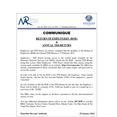 Document preview: Return of Employee (25.01.14) — Form, Mauritius (CERFA n°ReturnOfEmployee)