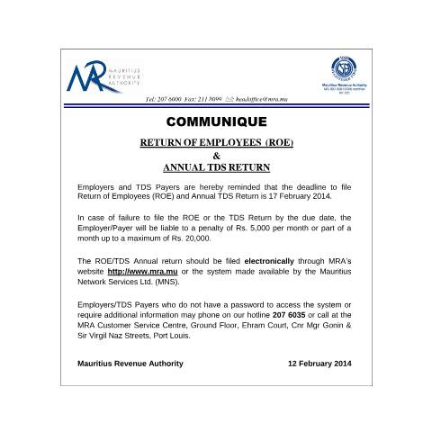 Document preview: Return of Employee (12.02.14) — Form, Mauritius (CERFA n°ROE-120214)