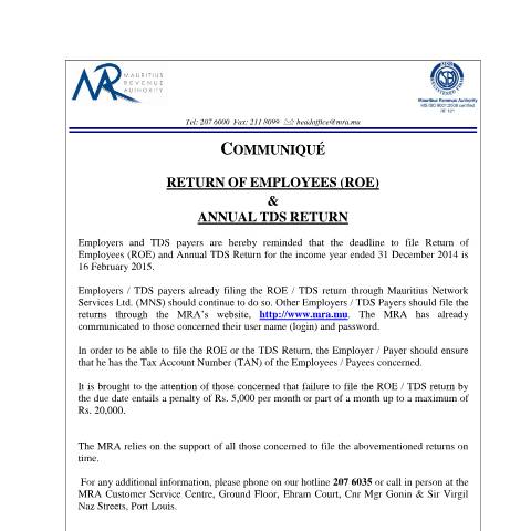 Document preview: Return of Employees &amp; Annual TDS Return (09.01.15) — Form, Mauritius (CERFA n°ROE_20140109)