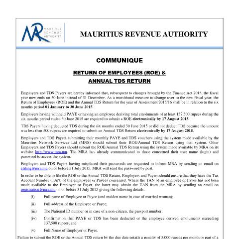 Document preview: Return of Employees (ROE) and Annual TDS Return (15.07.15) — Form, Mauritius (CERFA n°ROECommunique150715)