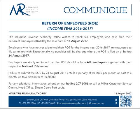 Document preview: Return of Employees - Extension (18.08.17) — Form, Mauritius (CERFA n°ExtensionROE)