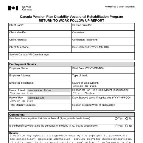 Document preview: Return to Work Follow Up Report – Canada Pension Plan Disability Vocational Rehabilitation Program — Income Security Programs, Canada (CERFA n°ISP2582)