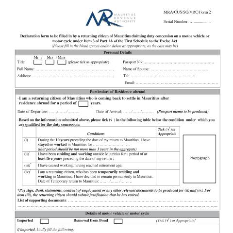 Document preview: Returning Citizen - Duty concession on a motor vehicle or motor cycle — Form, Mauritius (CERFA n°FormReturningCitizenNew)