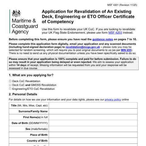 Document preview: How to apply for a revalidation of a Certificate of Competency — Maritime and Coastguard Agency, United Kingdom