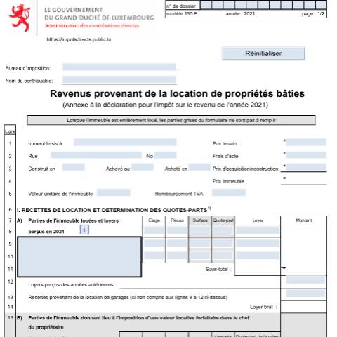 Aperçu du document Annexe: "Revenus de la location de propriétés bâties" — Annexes, Luxembourg (CERFA n°190 F)