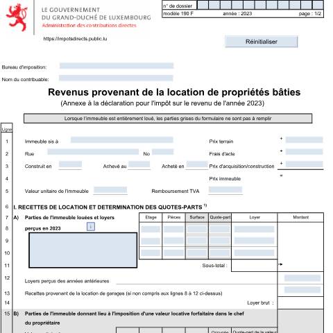 Aperçu du document Annexe: "Revenus de la location de propriétés bâties" — Annexes, Luxembourg (CERFA n°190 F)