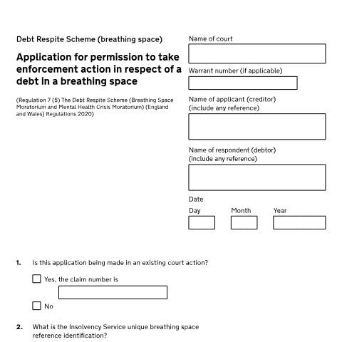 Document preview: Apply to review a breathing space or continue with debt action — HM Courts & Tribunals Service, United Kingdom