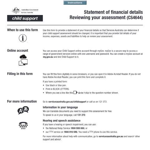 Document preview: Statement of financial details - reviewing your assessment — Services Australia — Individuals (by code), Australia (CERFA n°CS4644)