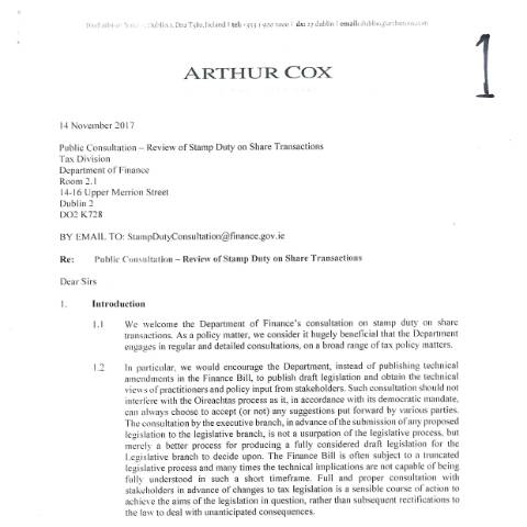 Document preview: Submissions to Consultation - Review of the Application of Stamp Duty to the Stocks and Marketable Securities of Irish Incorporated Companies — public submission number 1review of the application of stamp duty to the stocks and ma — Department of Finance, Ireland