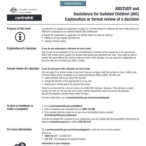Document preview: ABSTUDY and Assistance for Isolated Children (AIC) - Explanation or formal review of decision — Services Australia — Individuals (by code), Australia (CERFA n°SY054)