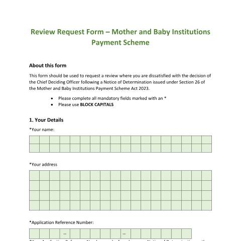 Document preview: How to apply to the Payment Scheme — review request form mother and baby institutions payment scheme — Department of Children, Disability and Equality, Ireland