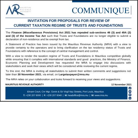 Document preview: Invitation for proposals for review of Current Taxation Regime of Trusts and Foundations (12.11.21) — Notice / Circular, Mauritius (CERFA n°Communique121121)
