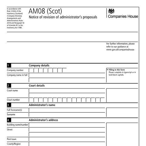 Document preview: Give notice of revision of administrator's proposals for a Scottish company: AM08 (Scot) — Companies House, United Kingdom