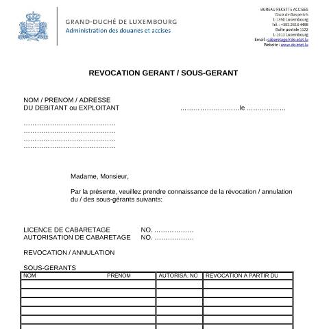 Aperçu du document Révocation gérant / sous-gérant — Horeca, Luxembourg (CERFA n°revocation)