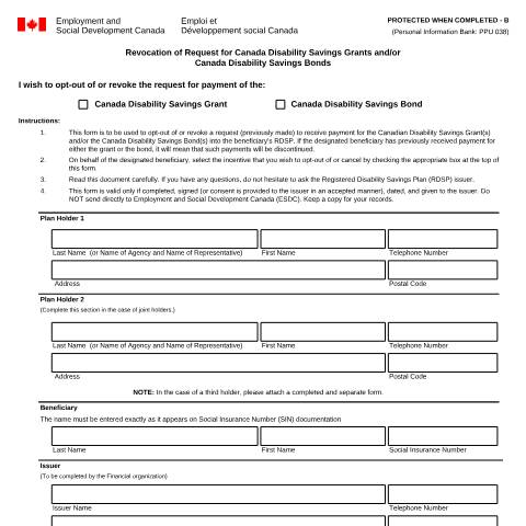 Document preview: Revocation of Request for Canada Disability Savings Grants and/or Canada Disability Savings Bonds — Employment Programs, Canada (CERFA n°EMP5490)