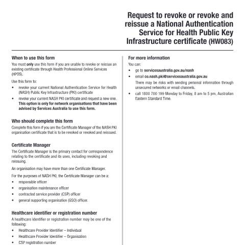 Document preview: Request to revoke or reissue a NASH PKI certificate form (HW083) — Services Australia — Health professionals, Australia (CERFA n°HW083)