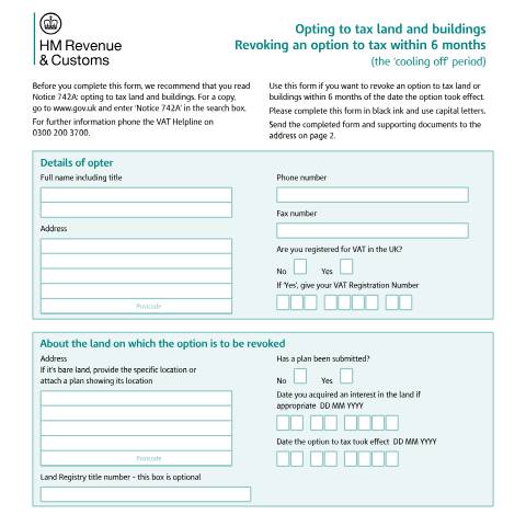Document preview: Revoke an option to tax for VAT purposes within the first 6 months — HM Revenue & Customs, United Kingdom