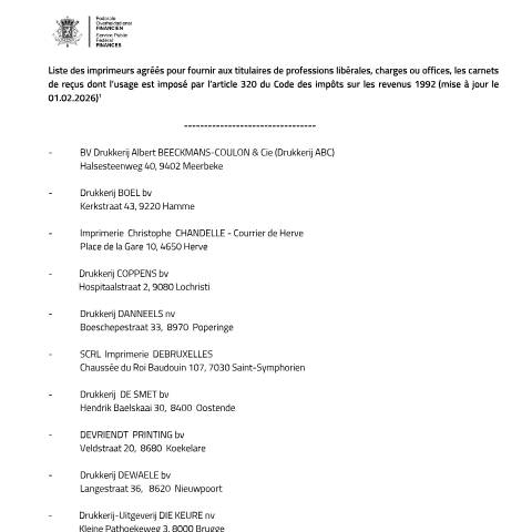 Aperçu du document Reçus des titulaires de professions libérales, charges ou offices (PDF, 94.01 Ko) — Imprimeurs agréés, Belgique (CERFA n°152-imprimeurs-agrees-professions-liberals-20260201)