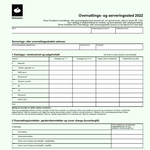 Document preview: Accommodation businesses and restaurants (DISCONTINUED) — Skatteetaten / Forms, Norge (CERFA n°RF-1122)