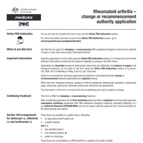 Document preview: Rheumatoid arthritis - change or recommencement authority application form (PB247) — Services Australia — Health professionals, Australia (CERFA n°PB247)