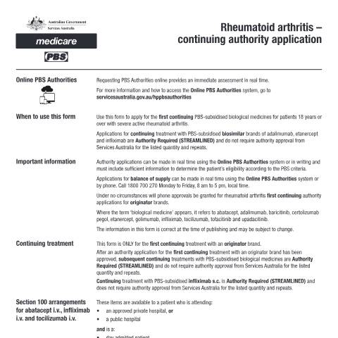 Document preview: Rheumatoid arthritis - continuing authority application form (PB111) — Services Australia — Health professionals, Australia (CERFA n°PB111)