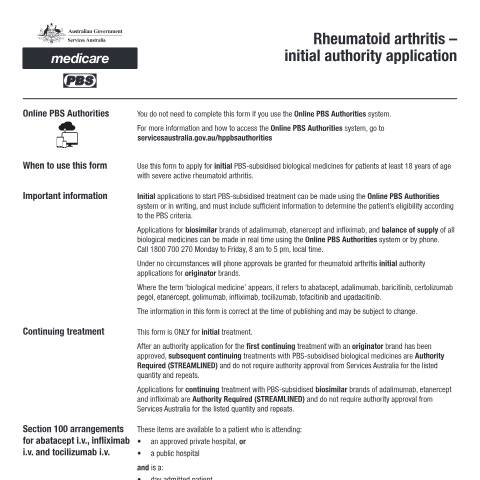 Document preview: Rheumatoid arthritis - initial authority application form (PB109) — Services Australia — Health professionals, Australia (CERFA n°PB109)