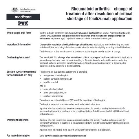 Document preview: Rheumatoid arthritis - change of treatment after resolution of critical shortage of tocilizumab authority application form (PB324) — Services Australia — Health professionals, Australia (CERFA n°PB324)