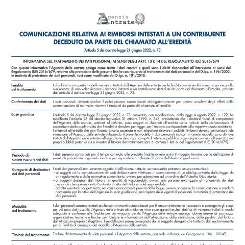 Anteprima documento Rimborsi intestati a un contribuente deceduto — Rimborsi, Italia