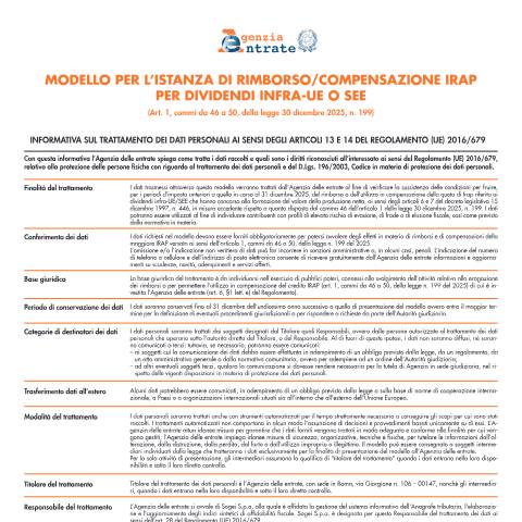 Anteprima documento IRAP Rimborso Compensazione per dividendi Infra UE o SEE — Rimborsi, Italia