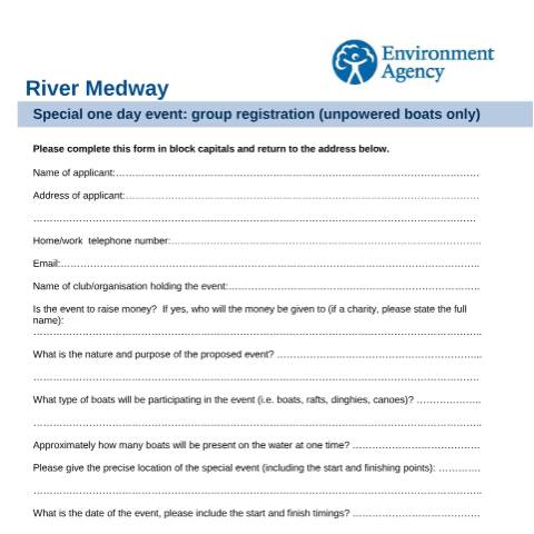 Document preview: River Medway: special event form — Environment Agency, United Kingdom