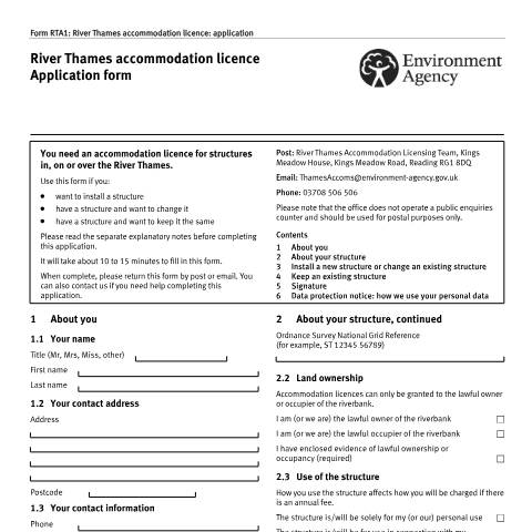 Document preview: River Thames: Accommodation licence application form — Environment Agency, United Kingdom