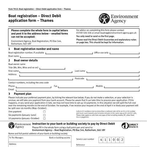 Document preview: River Thames: direct debit application form — Environment Agency, United Kingdom