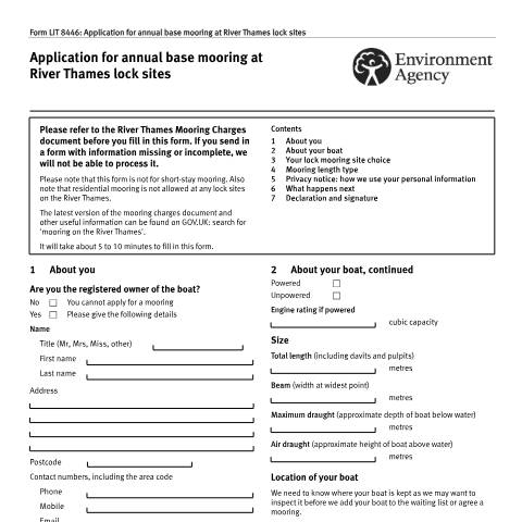 Document preview: River Thames: lock site mooring application form — Environment Agency, United Kingdom