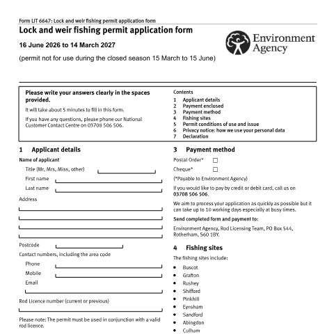 Document preview: River Thames: lock and weir fishing permit application form — Environment Agency, United Kingdom