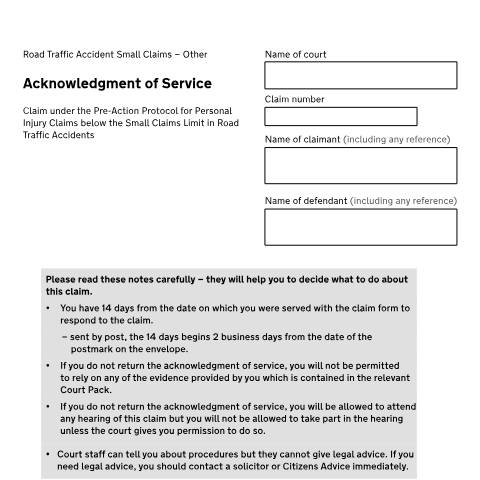 Document preview: Road Traffic Accident Small Claims – Other — HM Courts & Tribunals Service, United Kingdom