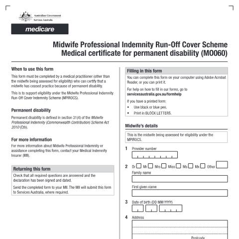 Document preview: ROCS - midwife medical certificate for permanent disability form (MO060) — Services Australia — Health professionals, Australia (CERFA n°MO060)