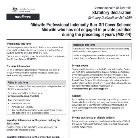 Document preview: Statutory declaration ROCS - Midwife who has not engaged in a private practice during the preceding 3 years form (MO044) — Services Australia — Health professionals, Australia (CERFA n°MO044)