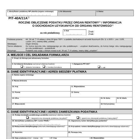 Document preview: Roczne obliczenie podatku przez organ rentowy/informacja o dochodach uzyskanych od organu rentowego — PIT, Polska (CERFA n°PIT-40A/11A)