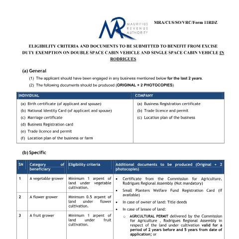 Document preview: Eligibility criteria and documents to be submitted to benefit from Excise Duty exemption on double space cabin vehicle and single space cabin vehicle in Rodrigues — Document, Mauritius (CERFA n°RDZForm11270715)