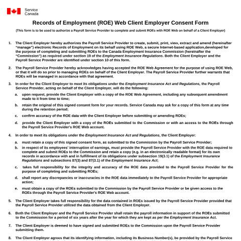 Document preview: ROE WEB Client Employer Consent Form — Employment Insurance, Canada (CERFA n°INS5238)
