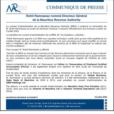 Document preview: Rohit Ramnawaz nommé Directeur Général de la Mauritius Revenue Authority (10.07.25) — Notice / Circular, Mauritius (CERFA n°Communique100725)
