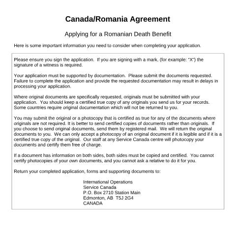 Document preview: Romania/Canada Agreement - Claim for Romanian death benefit — Income Security Programs, Canada (CERFA n°CAN_RO_124)